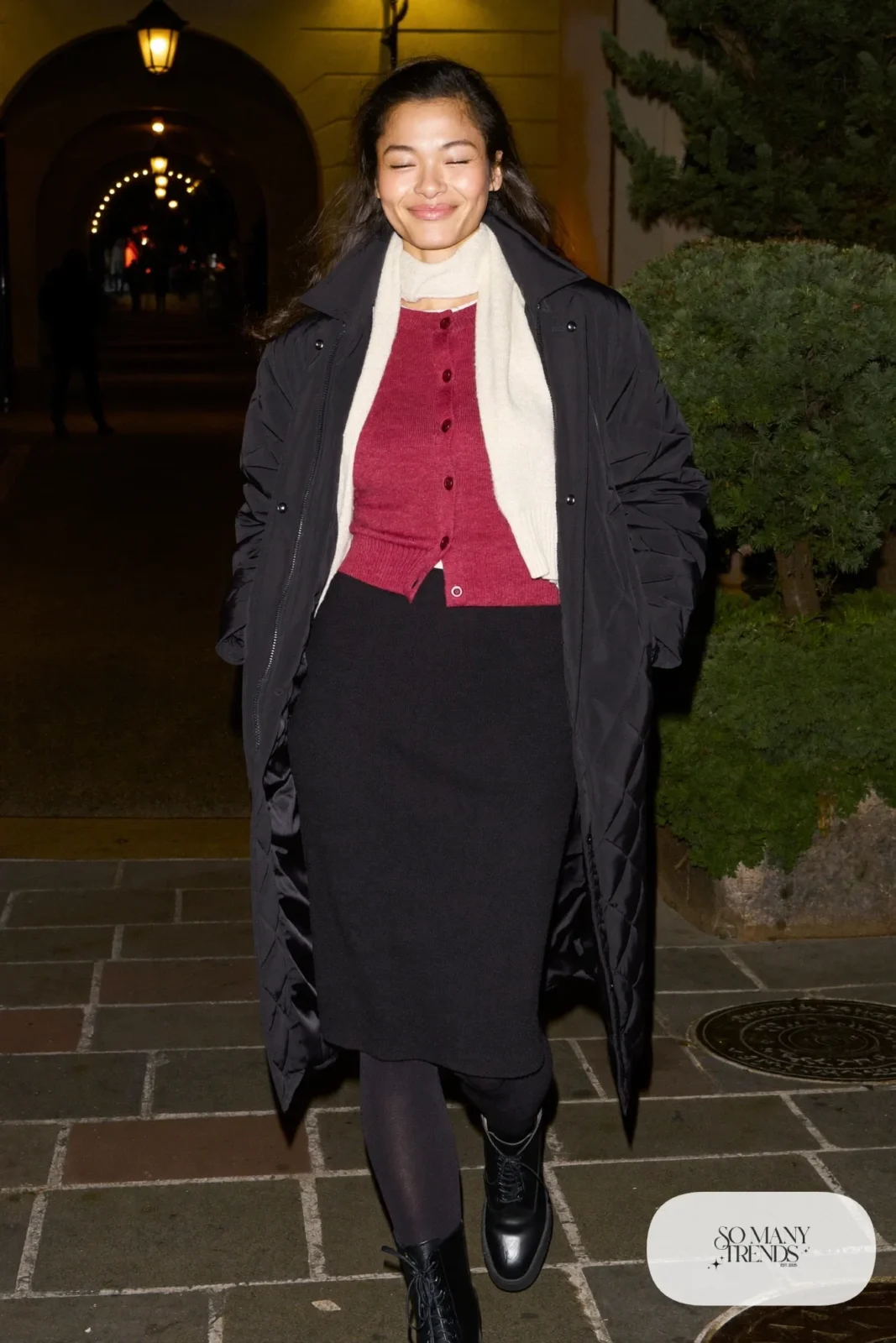 Black knit shirt dress with cranberry cardigan, black tights, black ankle boots and quilted coat, outfit 12