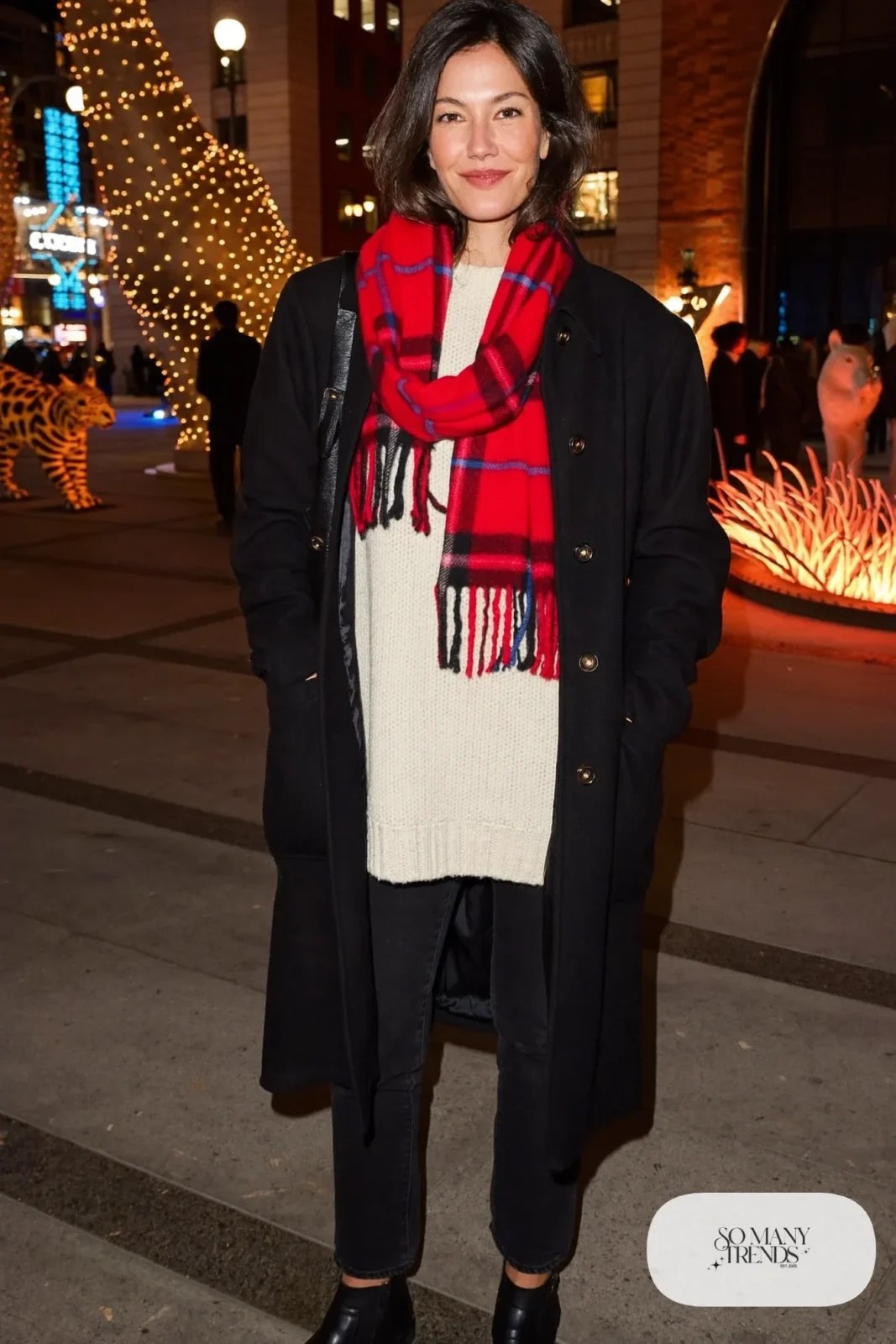 Black straight jeans with ivory fisherman sweater, plaid scarf, black wool coat and black ankle boots, outfit 20