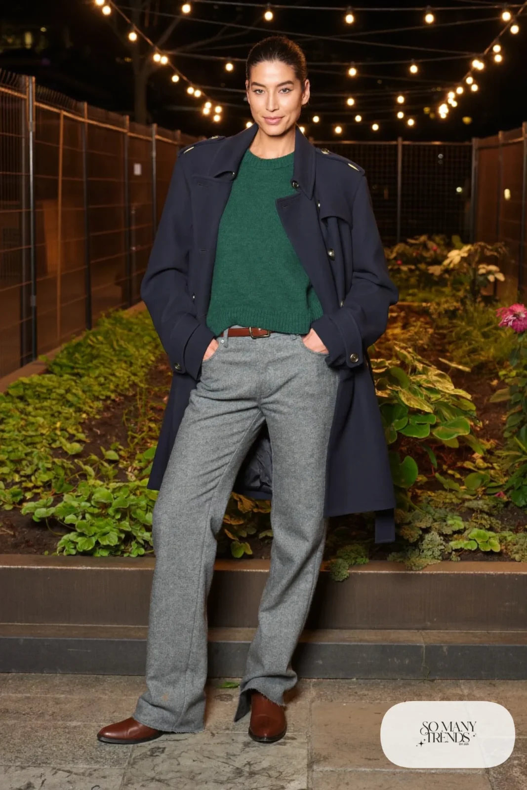 Gray flannel pants with forest green sweater, navy peacoat and brown leather boots, outfit 22
