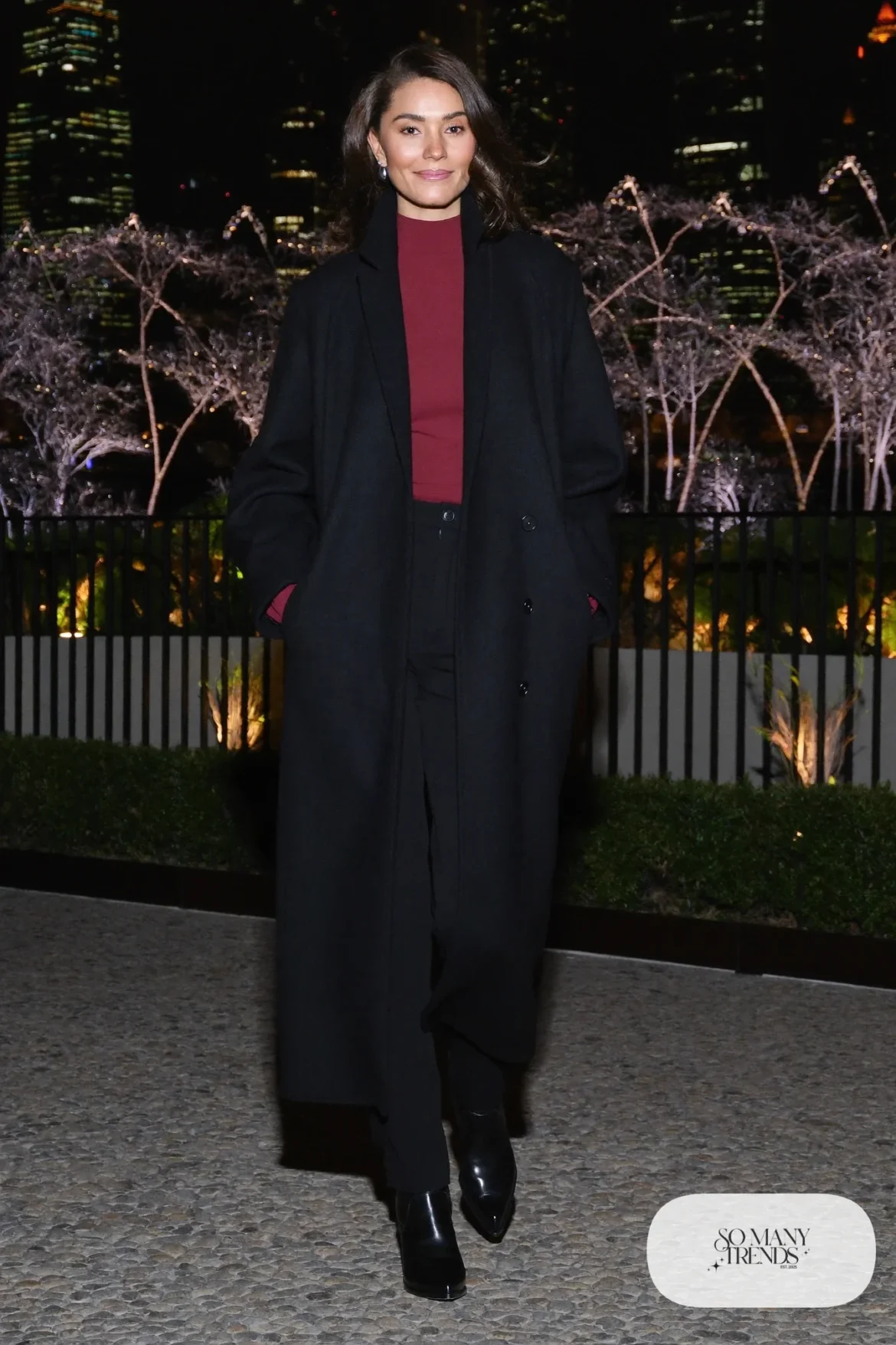 Black cocoon wool cardigan coat with cranberry turtleneck, black tailored pants and black ankle boots, outfit 26