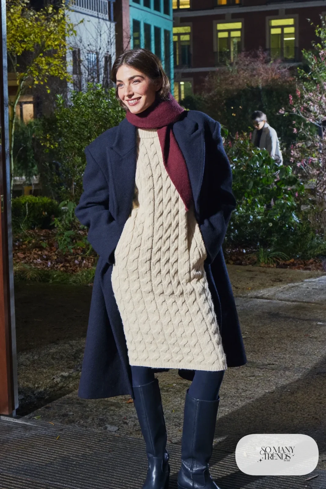 Ivory cable-knit midi dress with navy opaque tights, navy leather boots, navy coat and burgundy scarf, outfit 27