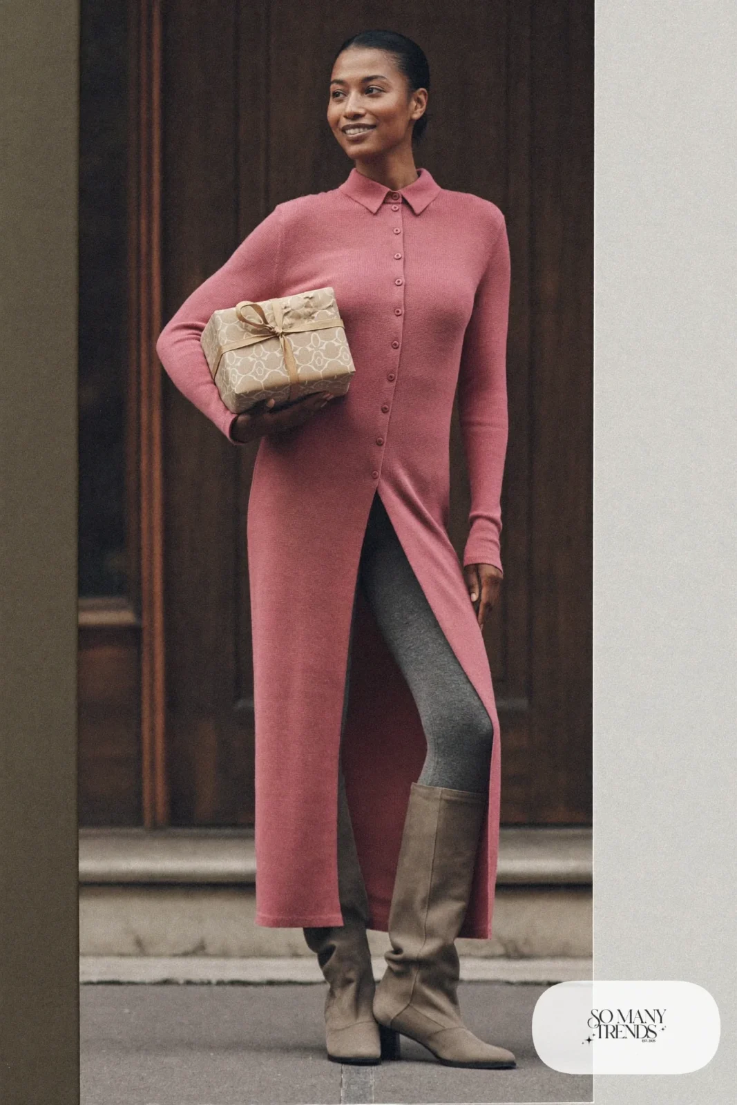 Woman in a long dusty pink button-front knit dress, gray opaque tights and gray suede ankle boots, outfit 13