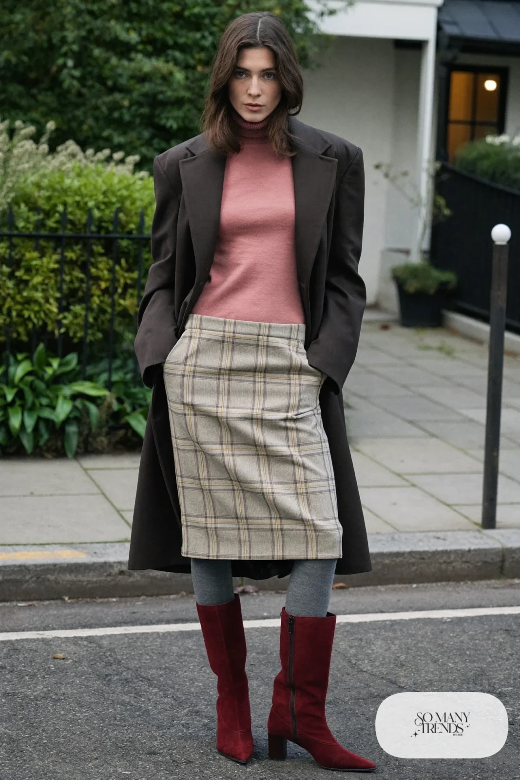 Woman in a dusty pink turtleneck, gray plaid wool midi skirt, gray tights and burgundy suede block-heel boots, outfit 15