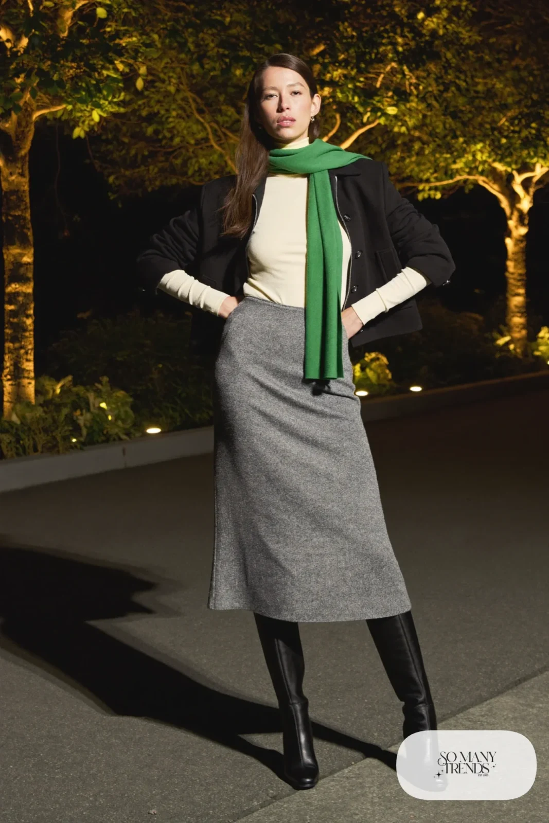 Gray knit midi skirt with cropped black wool jacket, forest green scarf, black tights and black boots, outfit 15