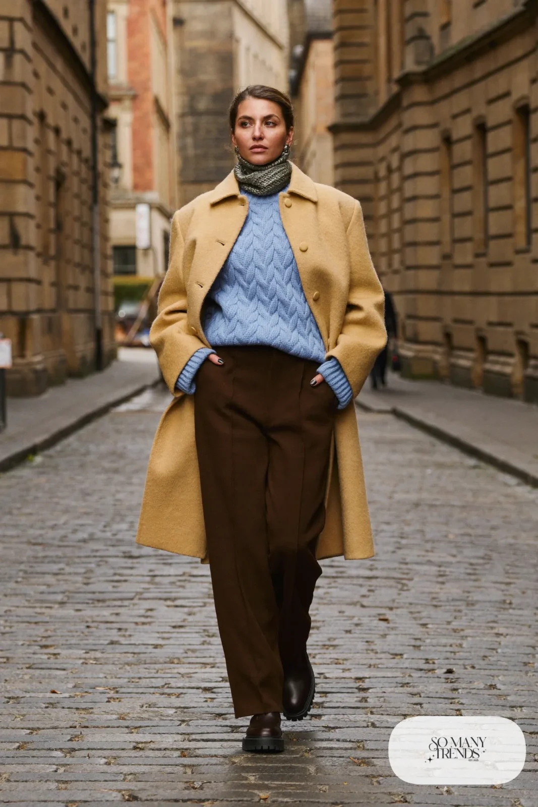 Woman in a long sand wool coat, baby blue cable-knit sweater, chocolate brown wide-leg pants and brown Chelsea boots on an Edinburgh street, outfit 1