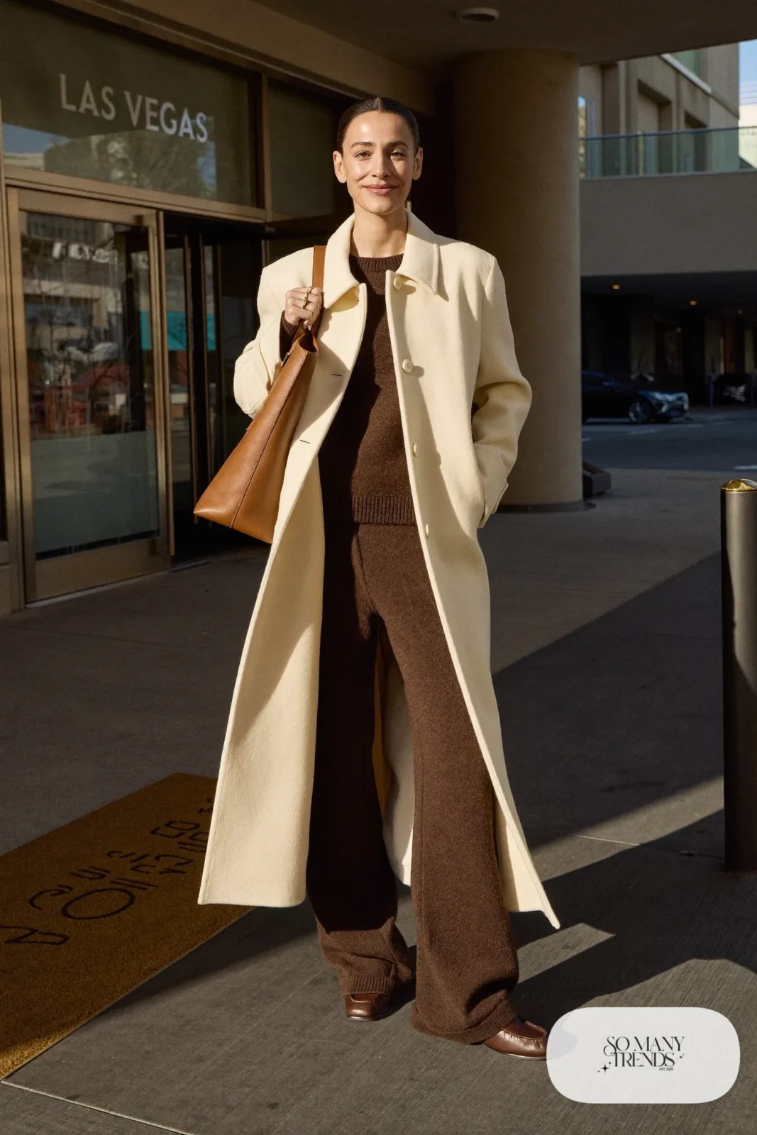 Woman in a chocolate knit sweater and wide pants set with cream coat and loafers arriving in Las Vegas, outfit 25
