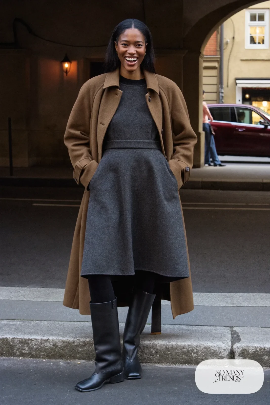 Charcoal long sleeve wool midi dress, mocha wool coat, thick black tights and tall flat boots, Prague winter outfit 7