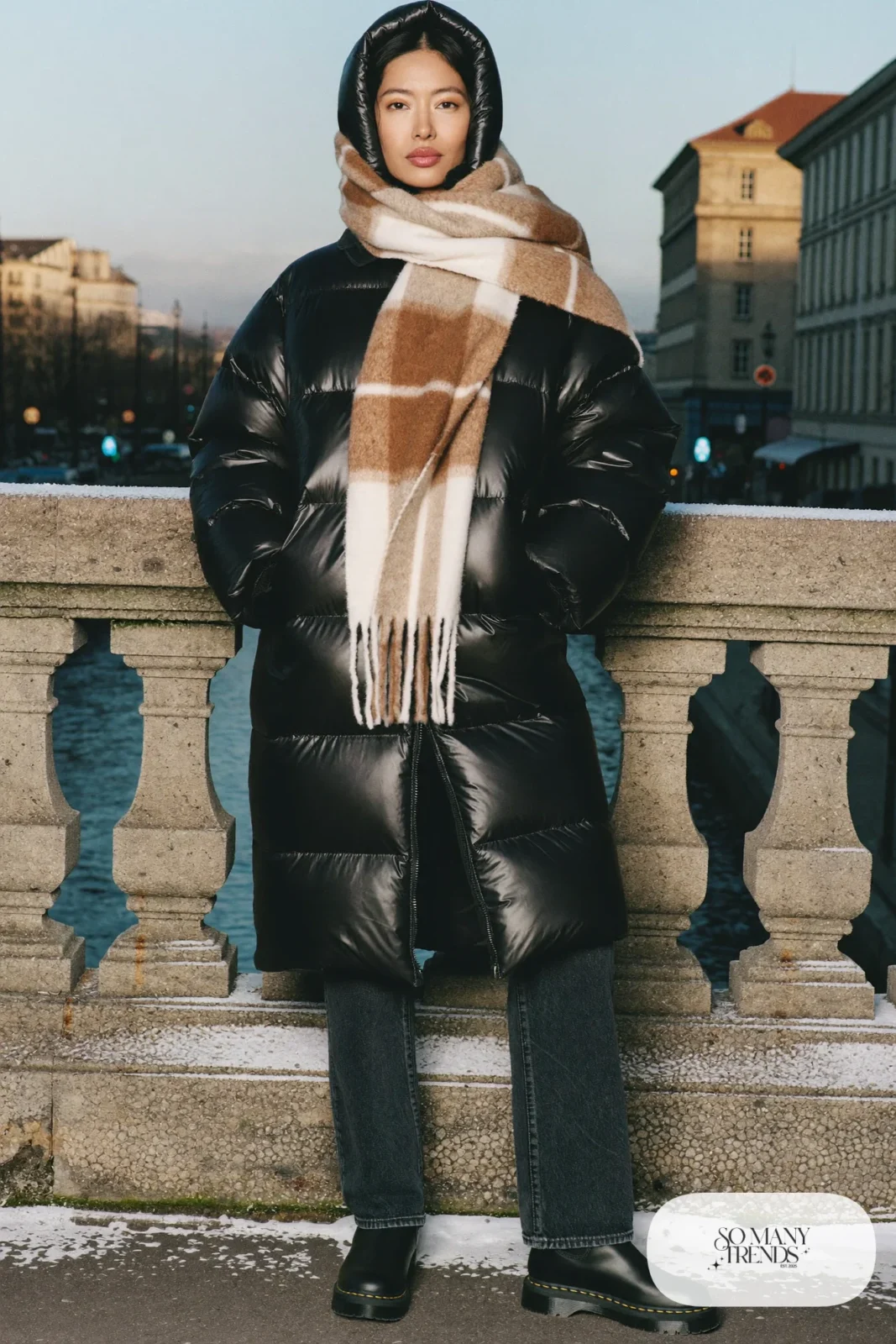 Long black puffer coat, mocha plaid wool scarf, dark jeans and waterproof lug-sole boots, Prague winter outfit 10