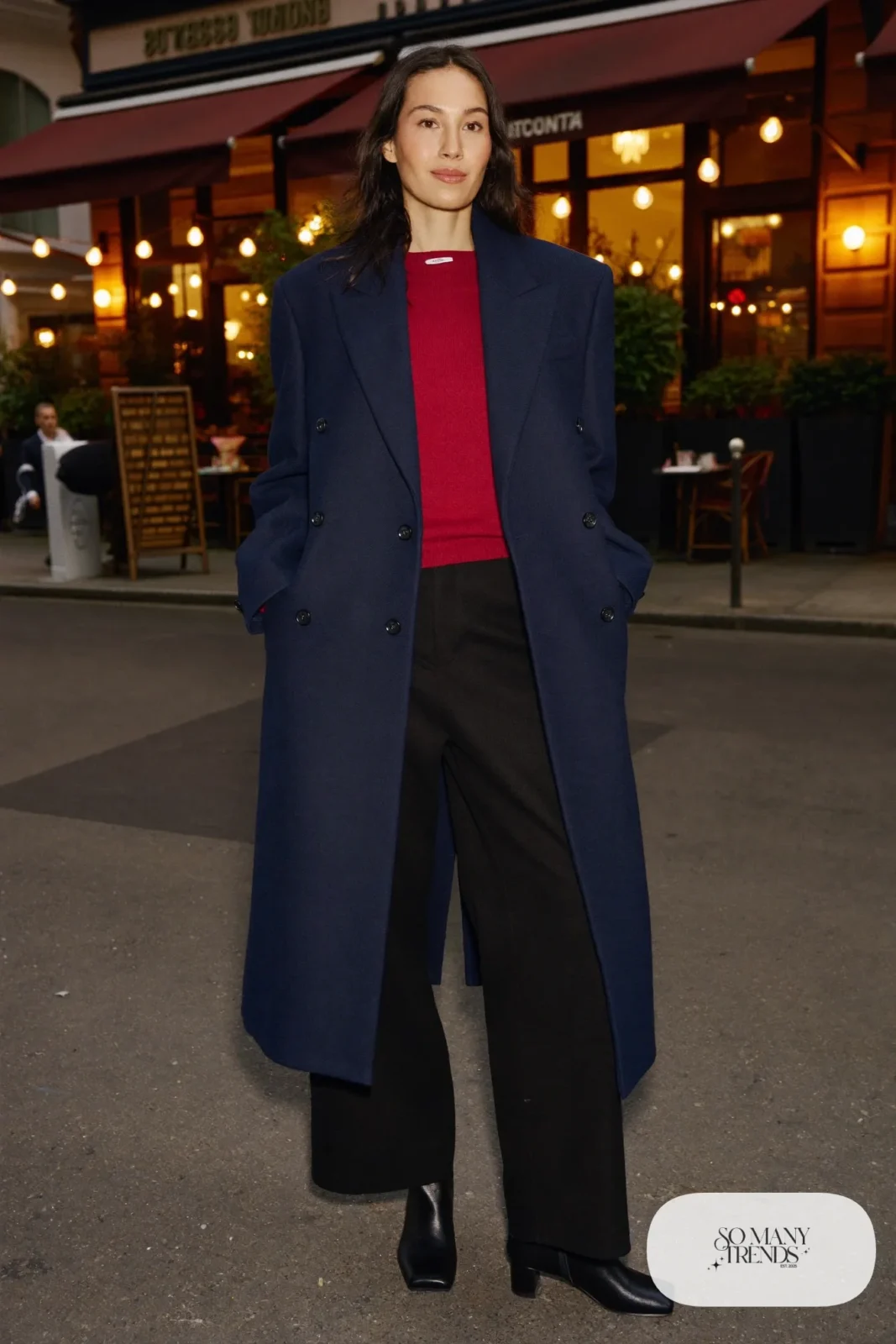 Long navy blazer coat, burgundy knit sweater, black wool pants and closed low block heel leather boots, Prague winter outfit 12