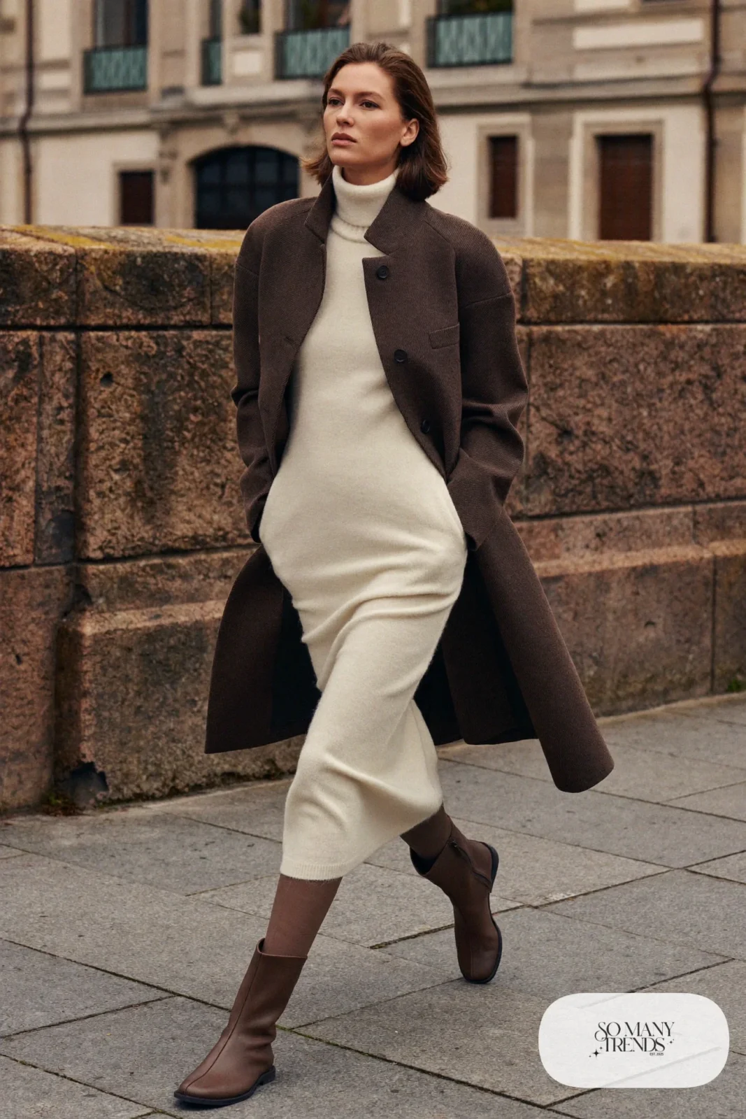 Cream turtleneck midi knit dress, charcoal wool coat, taupe tights and tall mocha brown flat boots, Prague winter outfit 13