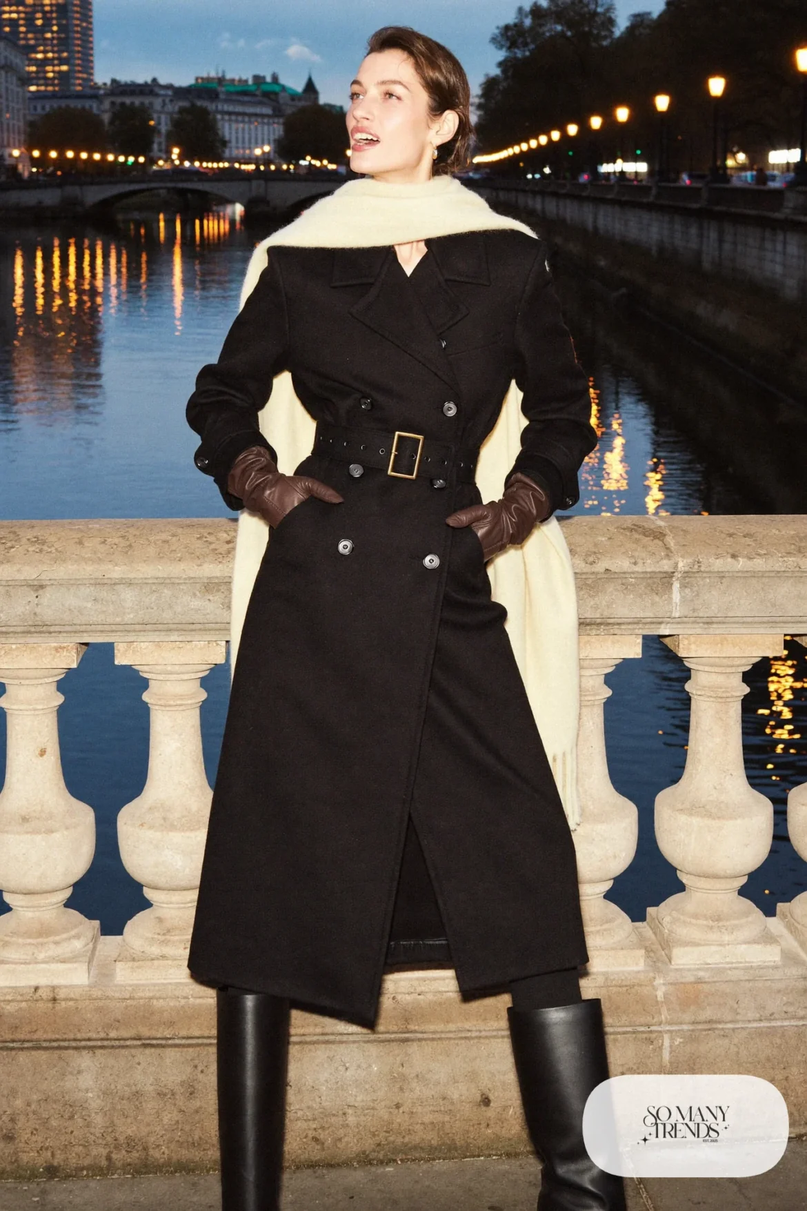 Black double-breasted wool coat dress with belt, thick tights, tall flat boots and cream scarf, Prague winter outfit 21
