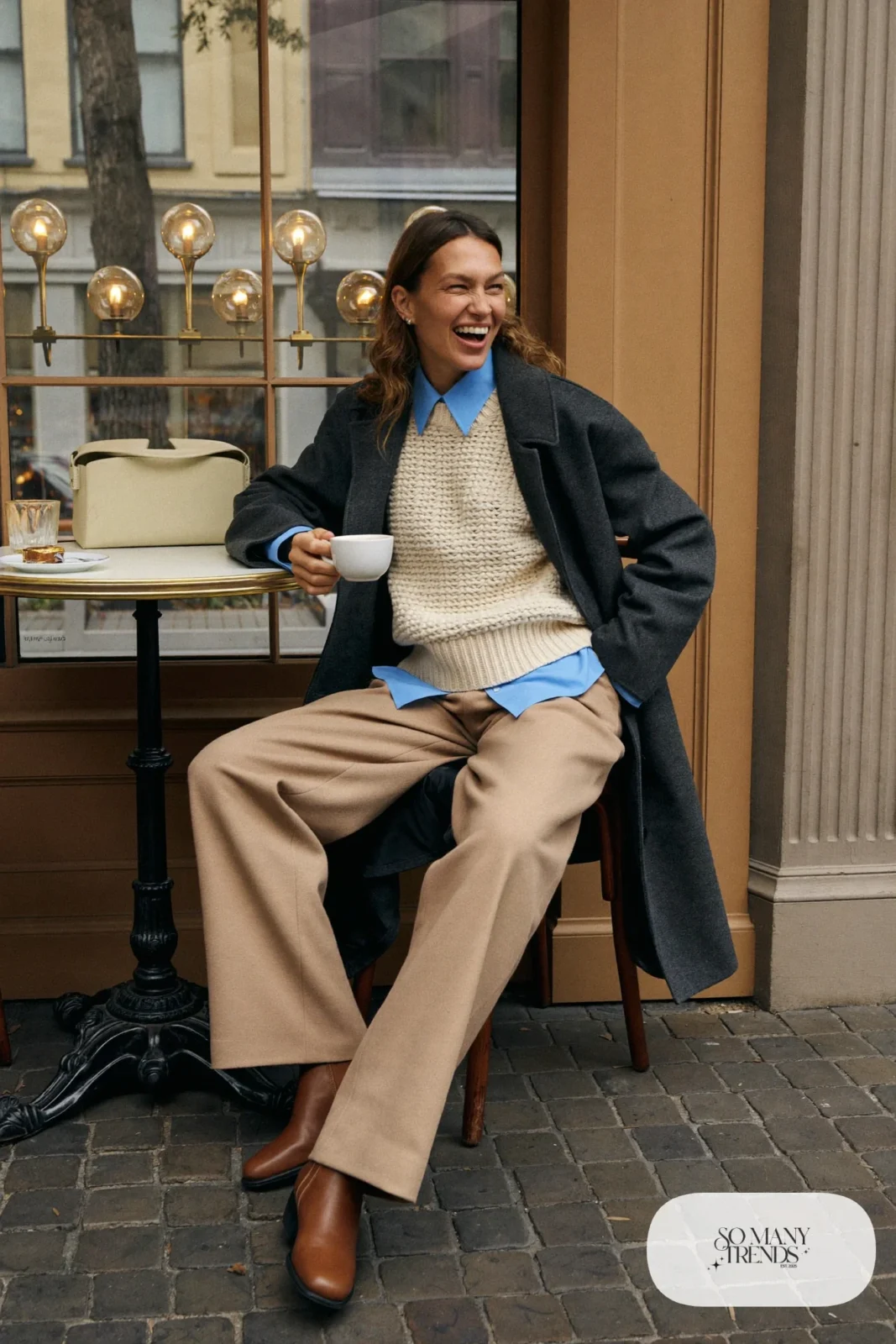 Cream knit sweater vest, sky blue shirt, mocha wide pants, long wool coat and brown leather boots, Prague winter outfit 22