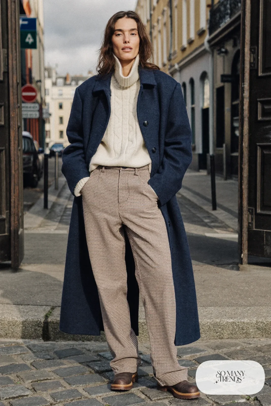Navy wool coat, cream turtleneck, mocha cream plaid wool pants and brown grippy boots, Prague winter outfit 24
