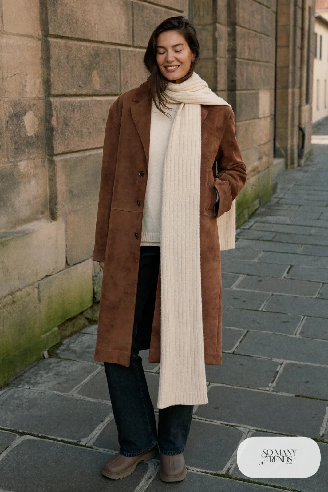 Mocha suede jacket, cream knit sweater, dark jeans, long scarf and rubber-sole boots, Prague winter outfit 26