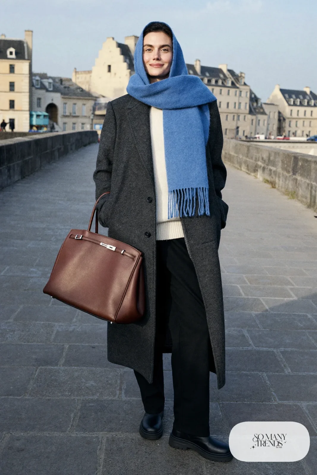 Charcoal wool coat, cream knit sweater, sky blue scarf, black soft pants and sturdy rubber-sole boots, Prague winter outfit 28
