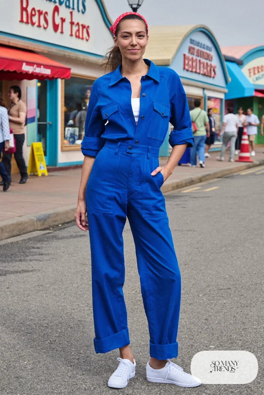 Cobalt blue utility jumpsuit, red polka dot bandana and white sneakers, outfit 3