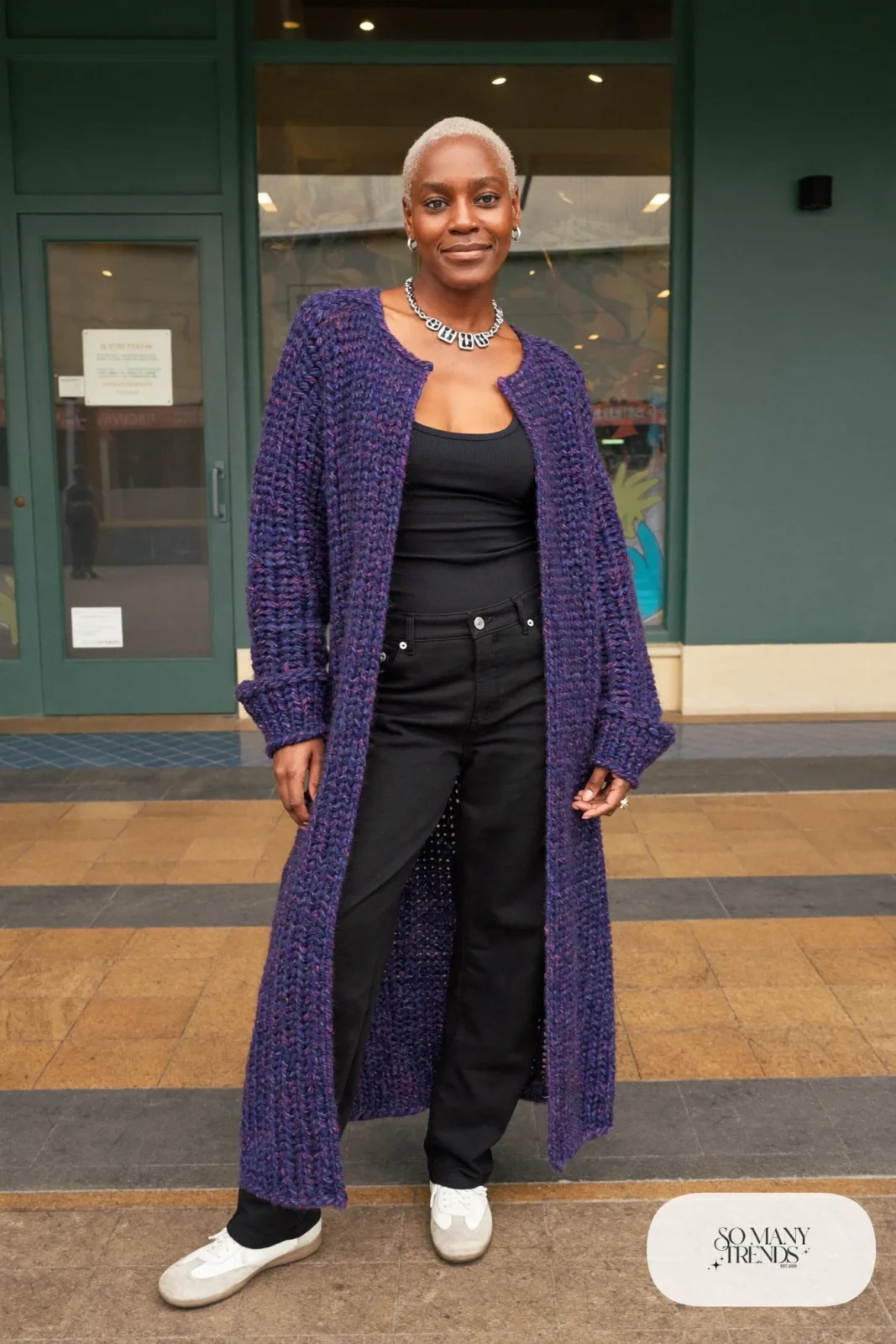 Purple wrap cardigan, black tank, black pants and white sneakers, outfit 9