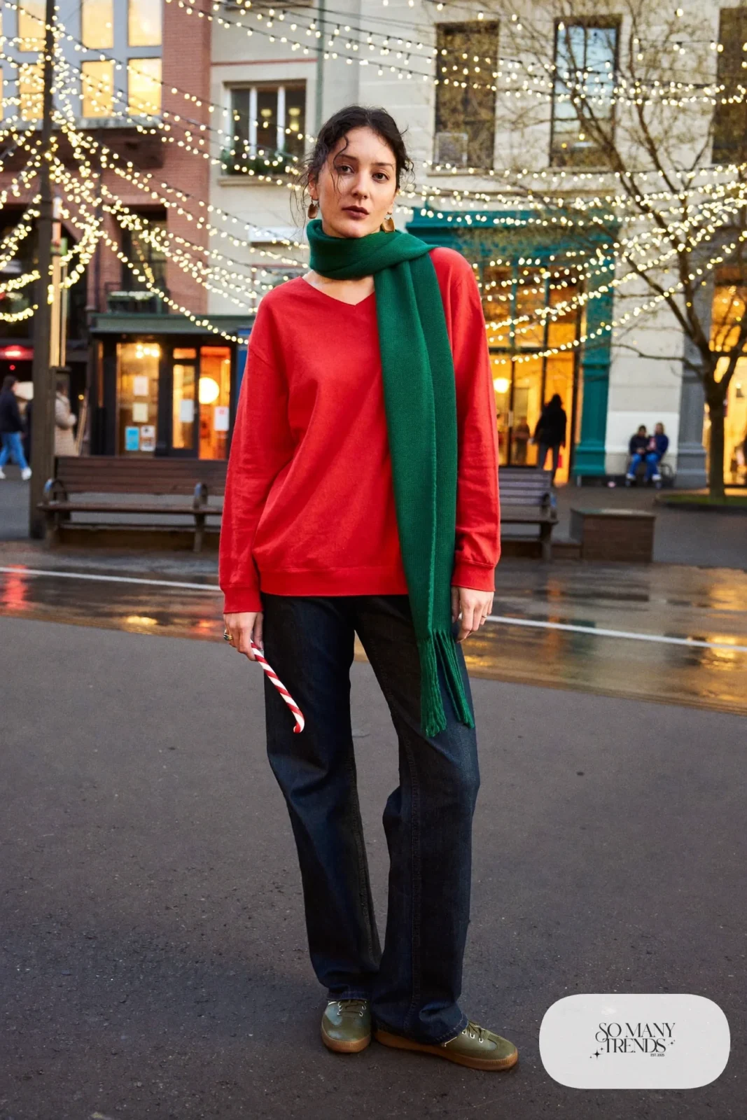 Red sweater, dark pants and green sneakers, outfit 21
