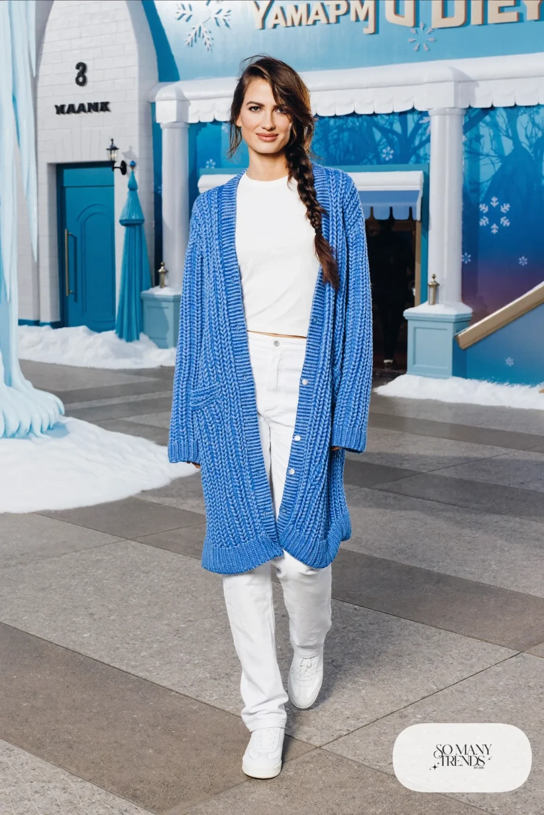 Icy blue long cardigan, white tee, white pants and sneakers, outfit 22