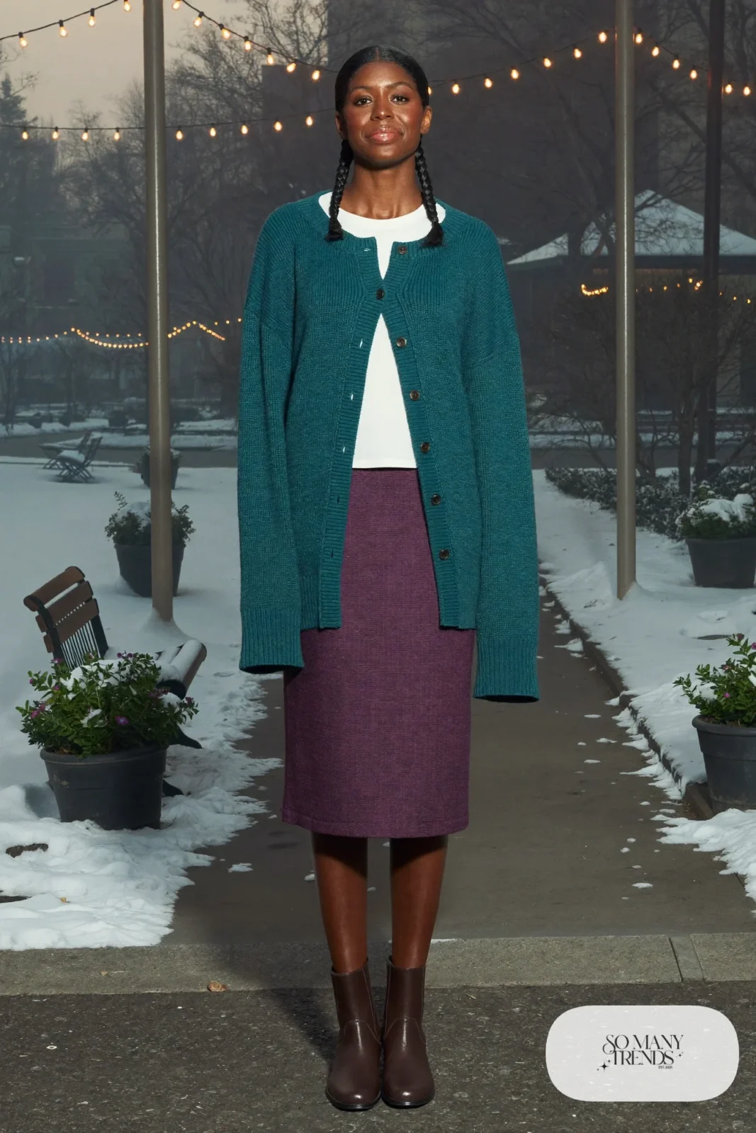 Teal cardigan, plum skirt, plum wrap and flat boots, outfit 23