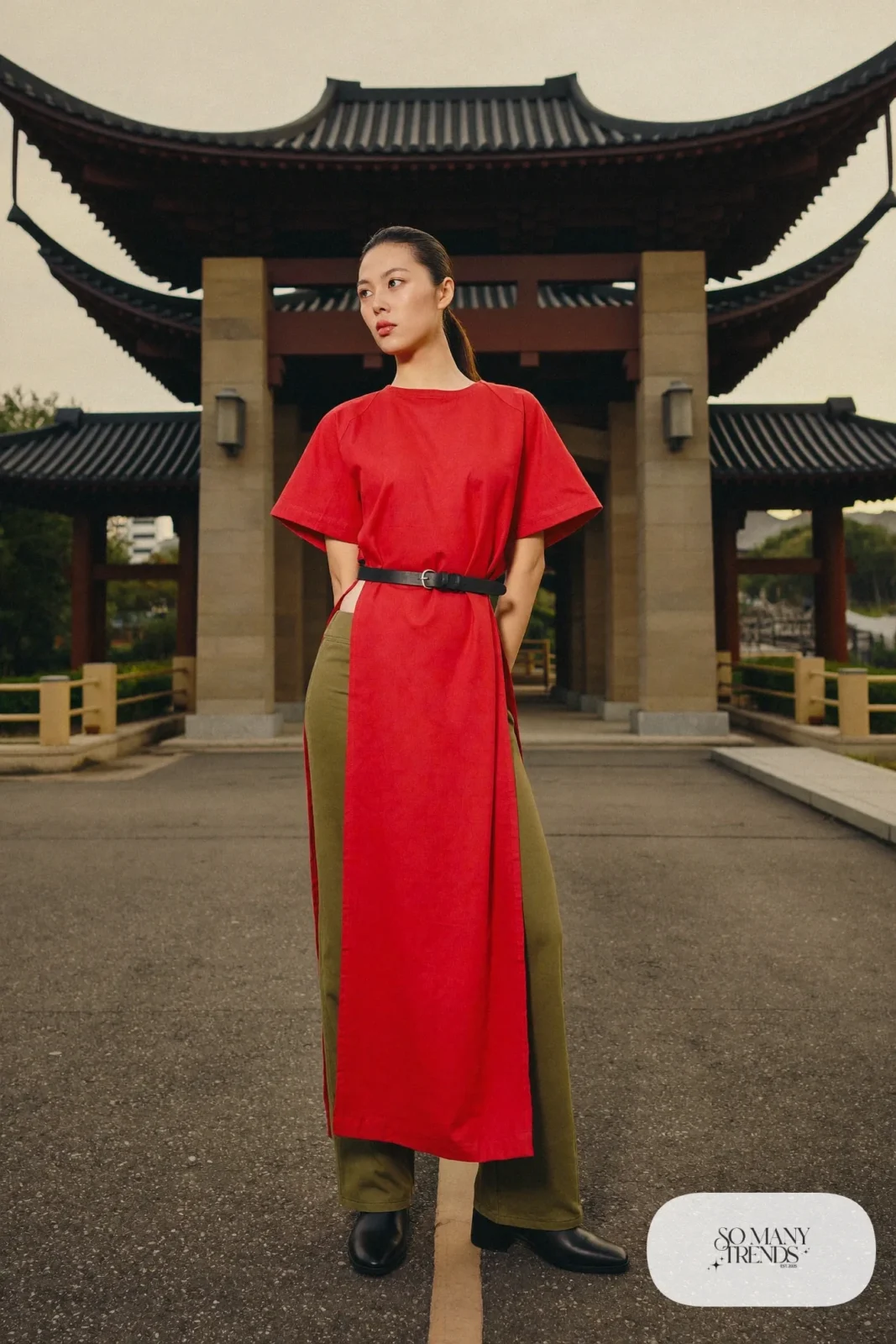 Red tunic top, olive pants, black belt and flat boots, outfit 25