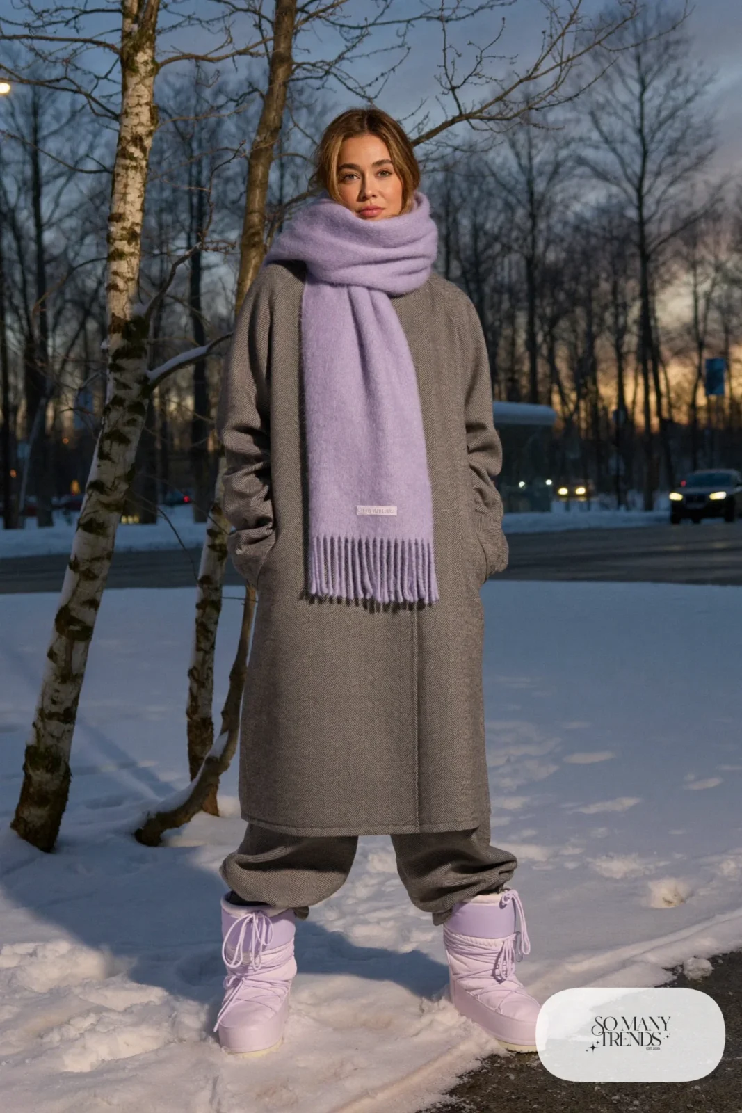 Lilac knit beanie, scarf and gloves with long gray coat and white boots, outfit 4