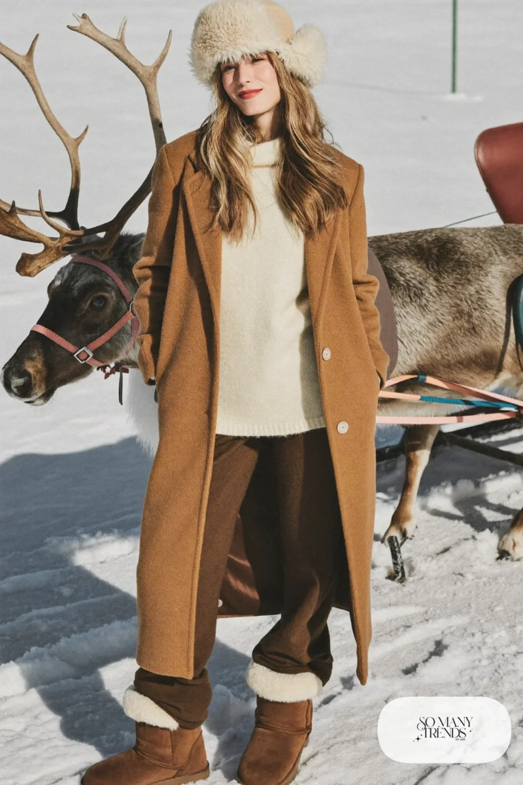 Long camel wool coat over chunky cream knit with fur-lined hat and shearling boots, outfit 8