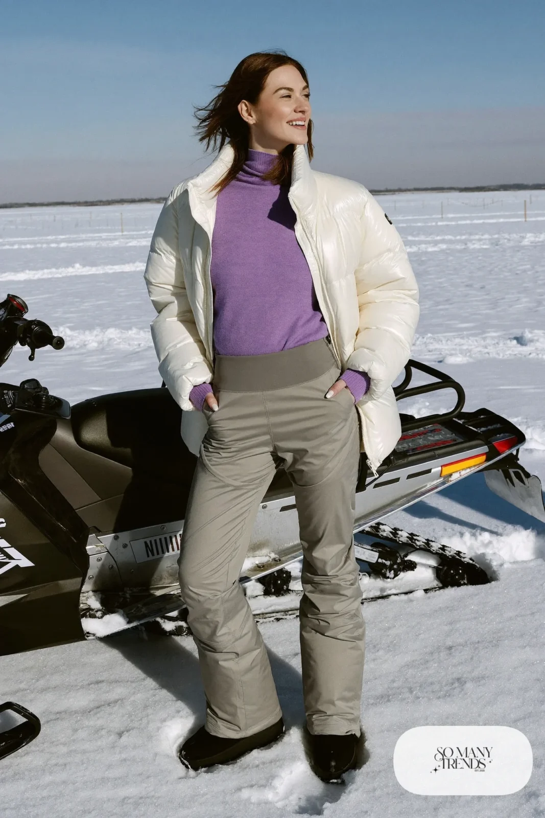 Dove gray snow bib pants with lilac fleece sweater and white puffer jacket, outfit 11