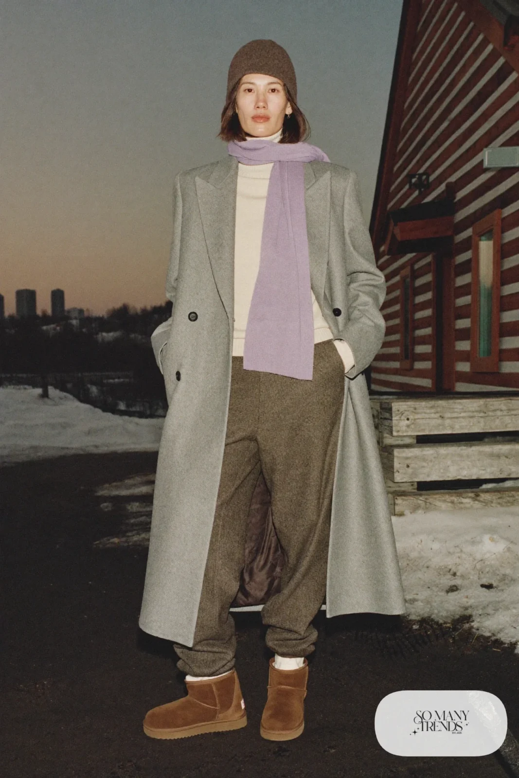 Dove gray wool overcoat with cream knit, brown wool pants and tall boots, outfit 12