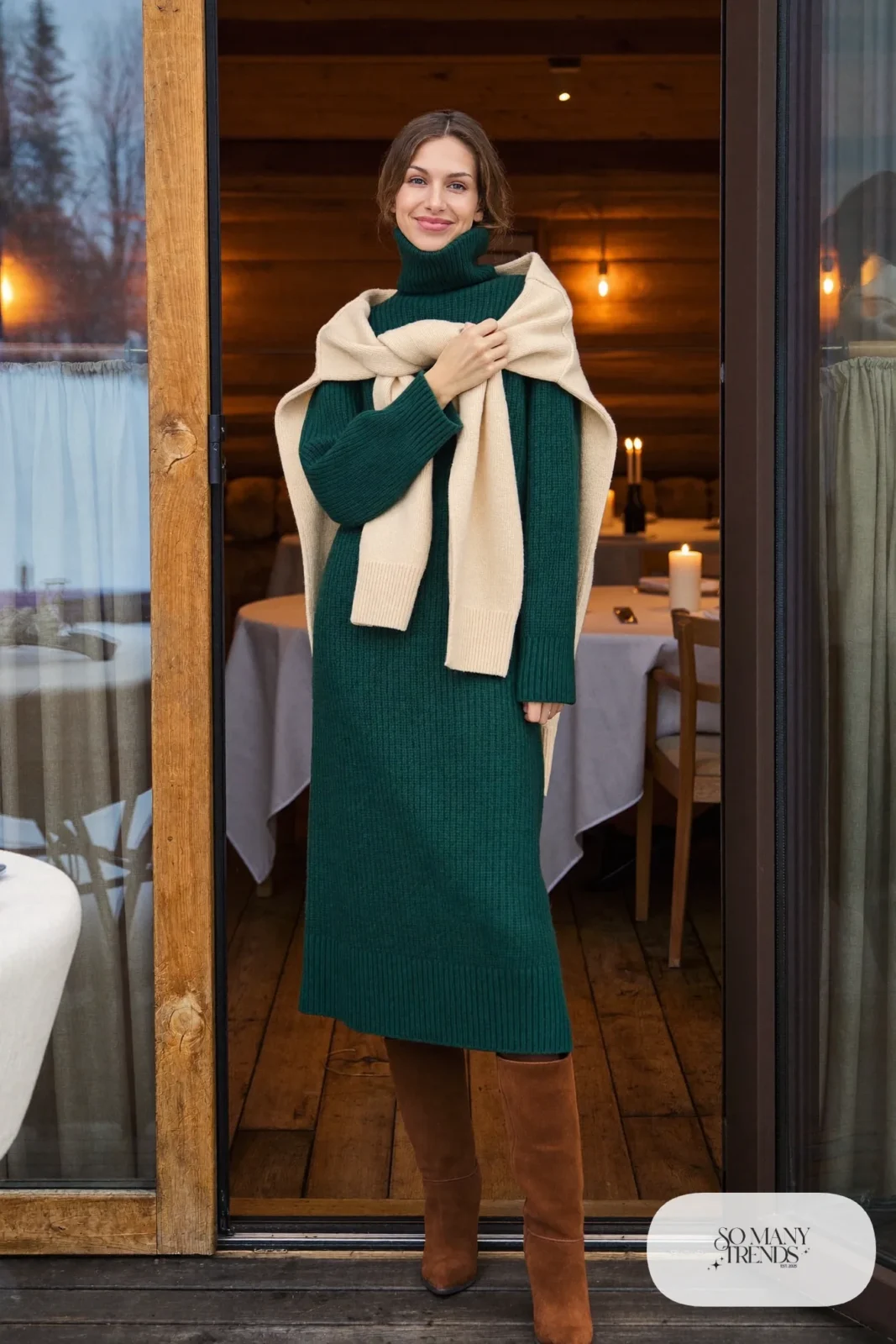 Long forest green knit dress with thermal tights, tall suede boots and wool wrap for cabin dinner, outfit 18
