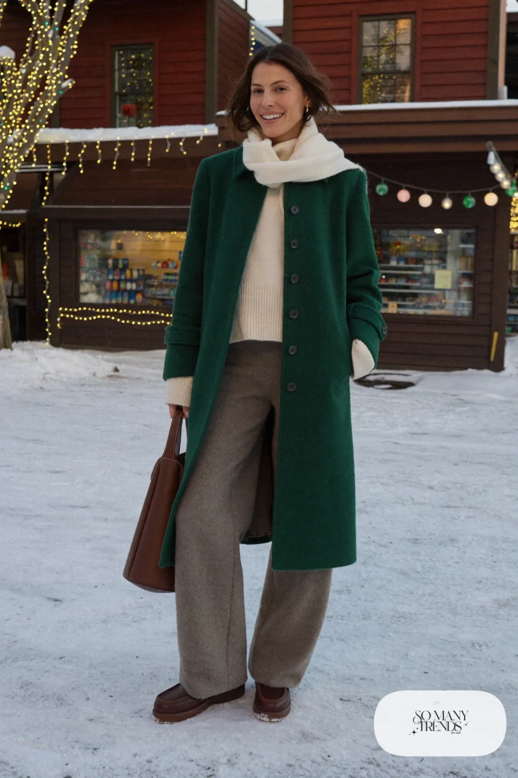 Forest green wool coat over cream knit with gray pants, boots and structured bag in town, outfit 22