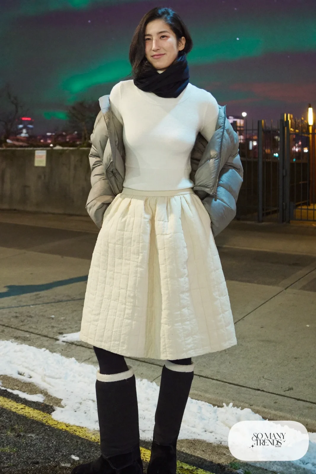 Cream quilted long skirt with fleece leggings, puffer jacket and lilac hat and scarf, outfit 25