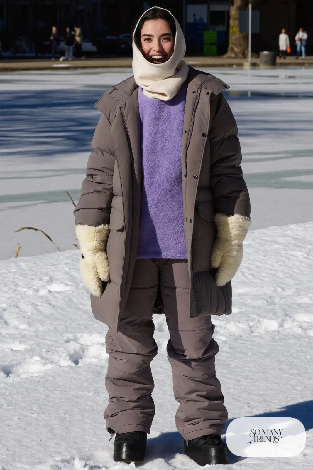 Dove gray insulated parka with fleece mid layer, snow pants, balaclava and mittens for extreme cold, outfit 26