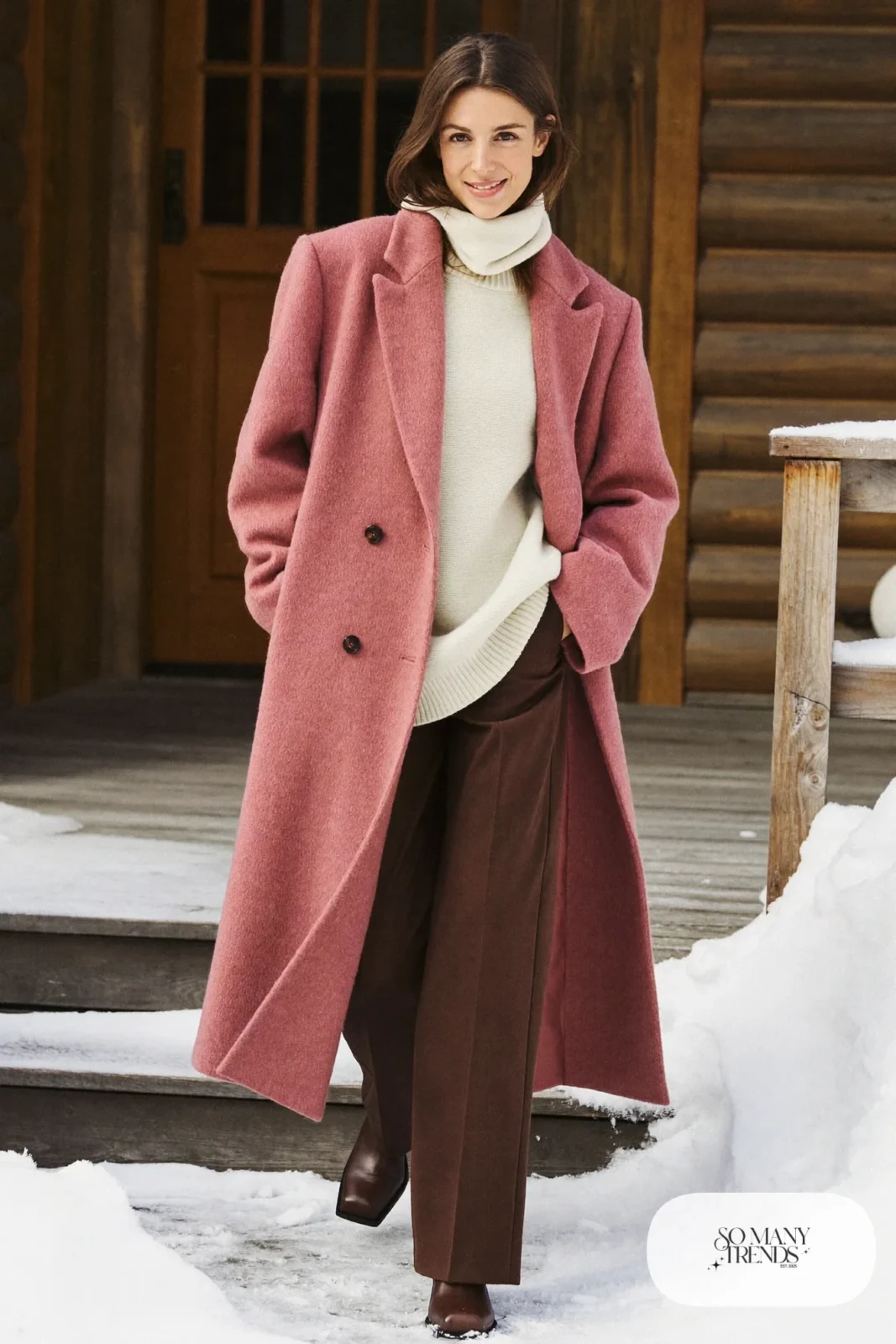 Look 1: long rose wool coat over a cream knit and chocolate wide-leg pants with brown boots, at a snowy cabin entrance