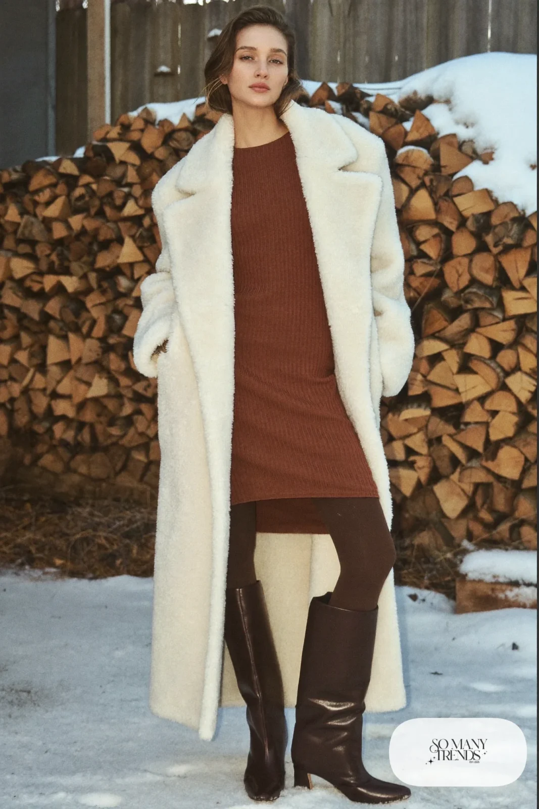 Look 5: long cream teddy coat over a chocolate knit midi dress with tall brown boots, snowy cabin yard