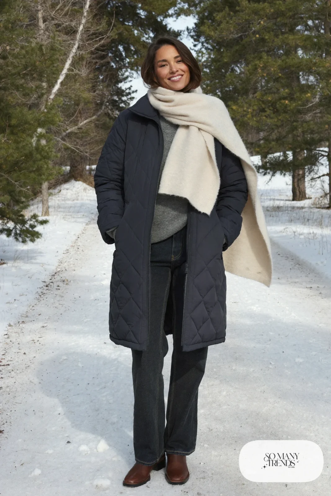 Look 6: navy quilted jacket with a cream wool scarf over a gray sweater and dark jeans with brown boots, snowy road
