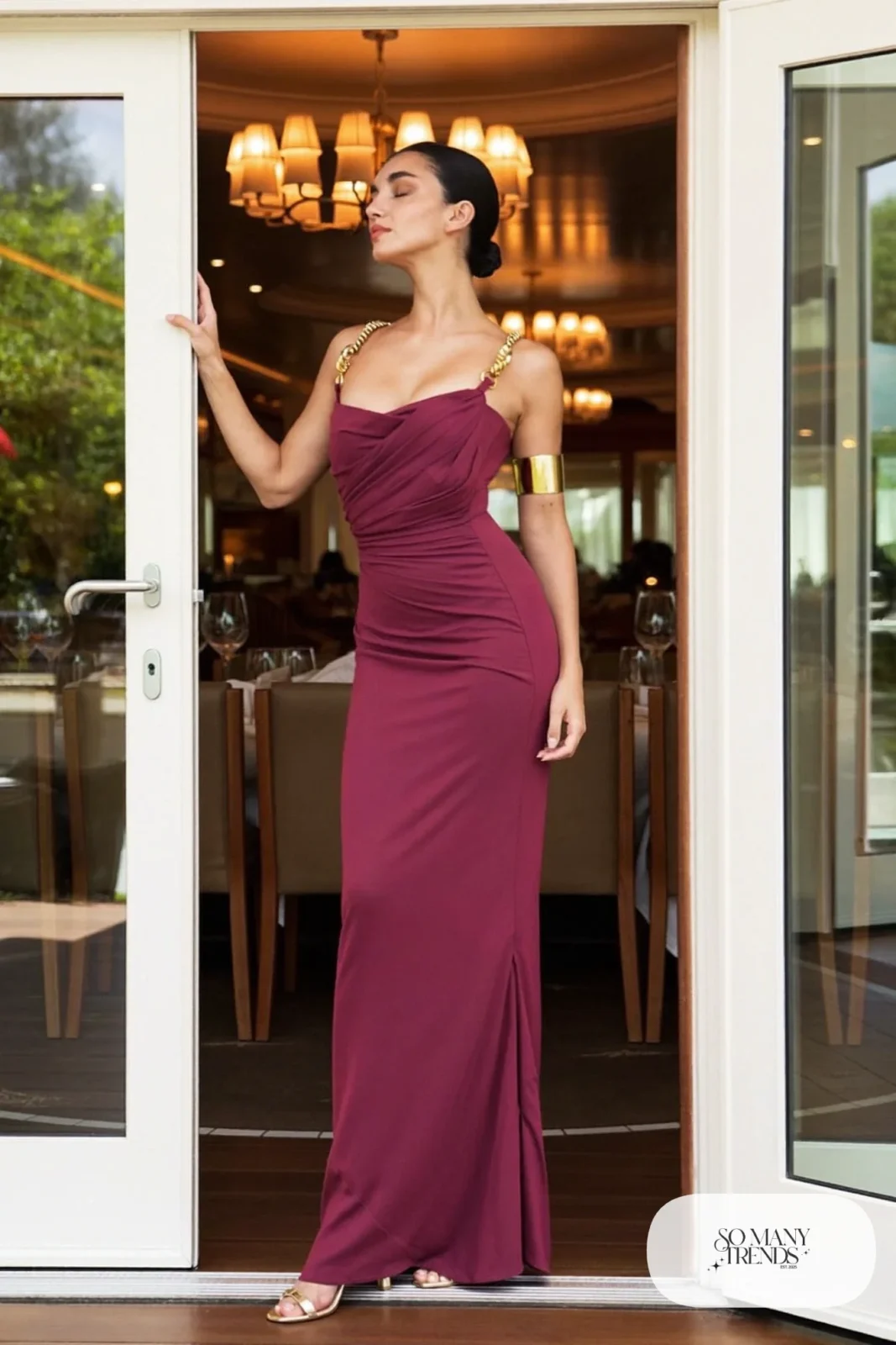 Plum bias-cut crepe gown with gold strap details and gold sandals, formal night cruise look 11