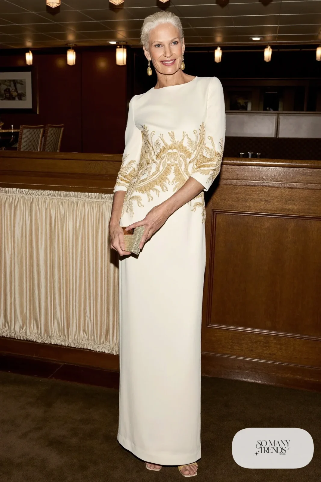 Ivory column gown with gold embroidered bodice and nude heeled sandals, formal night cruise look 19