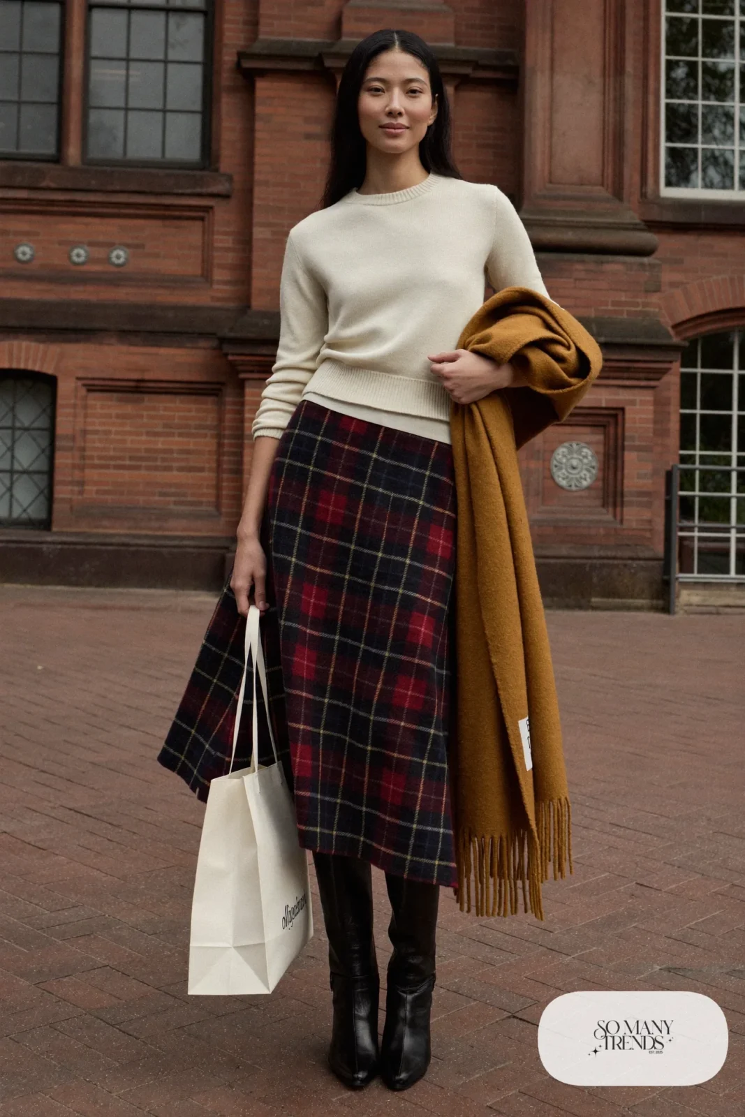 Woman in a navy and oxblood plaid wool midi skirt, ivory sweater, black opaque tights and black knee-high boots near a museum, outfit 10