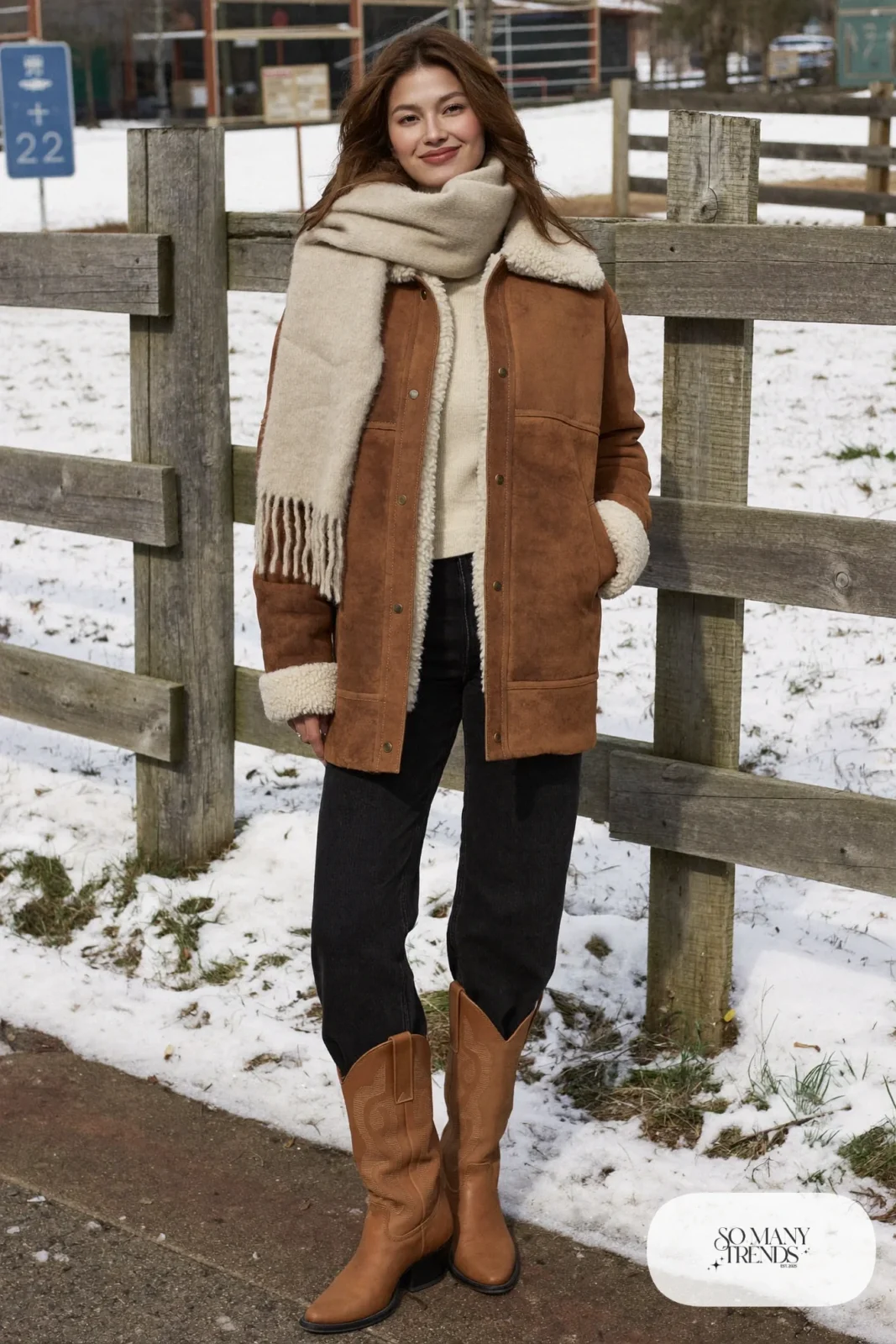Woman in a tan suede jacket with shearling collar, black straight jeans, tan cowboy boots and a champagne scarf, outfit 1
