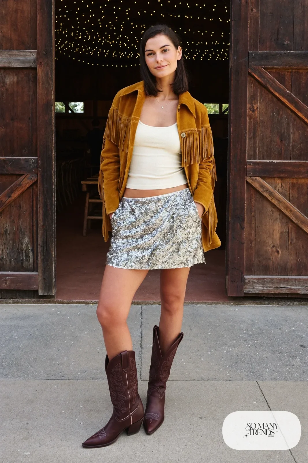 Camel suede fringe jacket, silver sequin mini skirt and chocolate brown cowboy boots, outfit 2