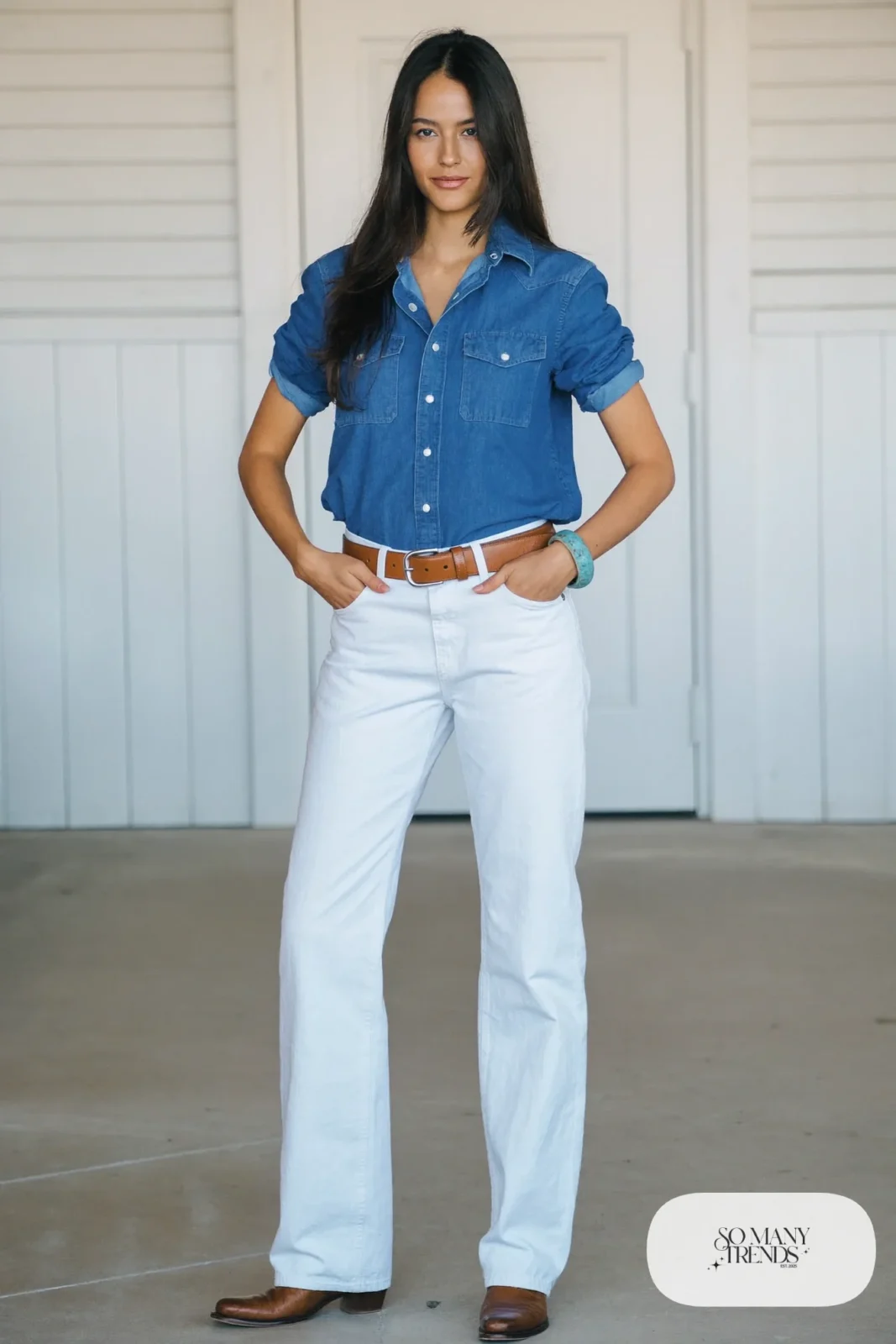 White denim jeans with cobalt western snap shirt and brown boots, outfit 14