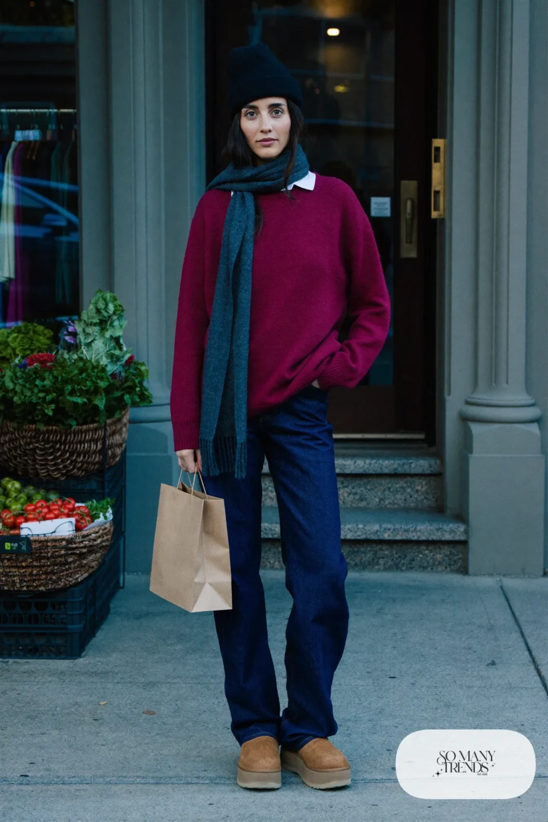 Wine crewneck sweater, dark straight-leg jeans and chestnut Ugg platform clogs, outfit 1