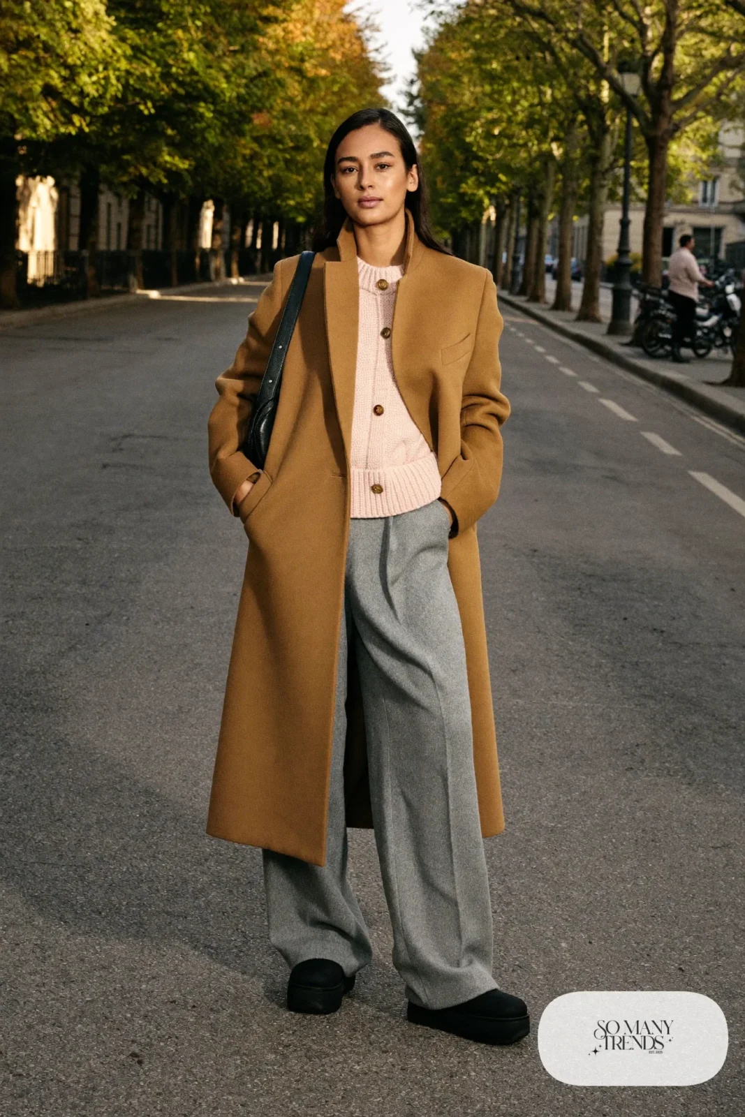 Long camel wool coat, blush knit sweater, gray wide-leg pants and black Ugg clogs, outfit 2