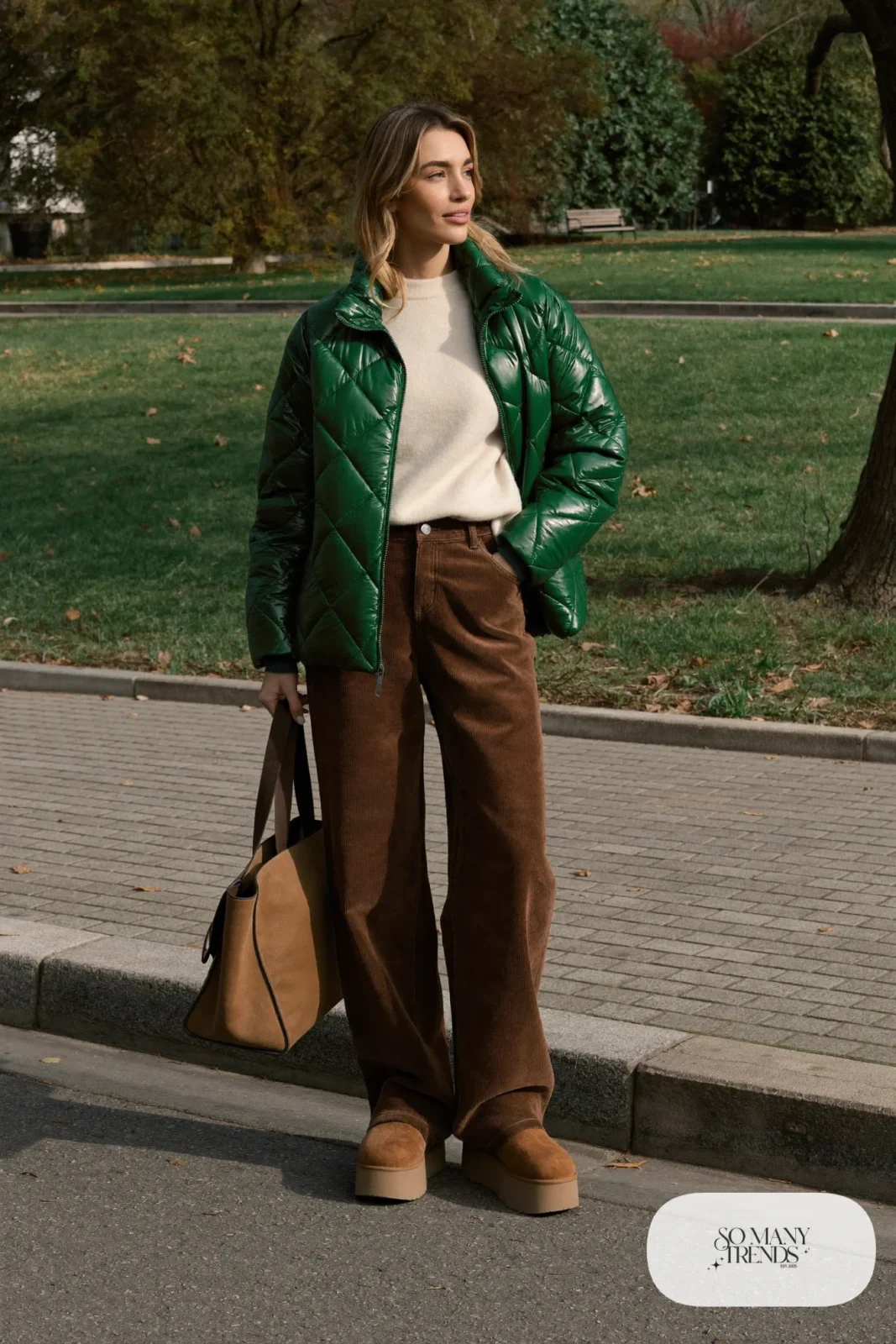Forest green quilted jacket, cream knit top, brown corduroy pants and chestnut Ugg clogs, outfit 4