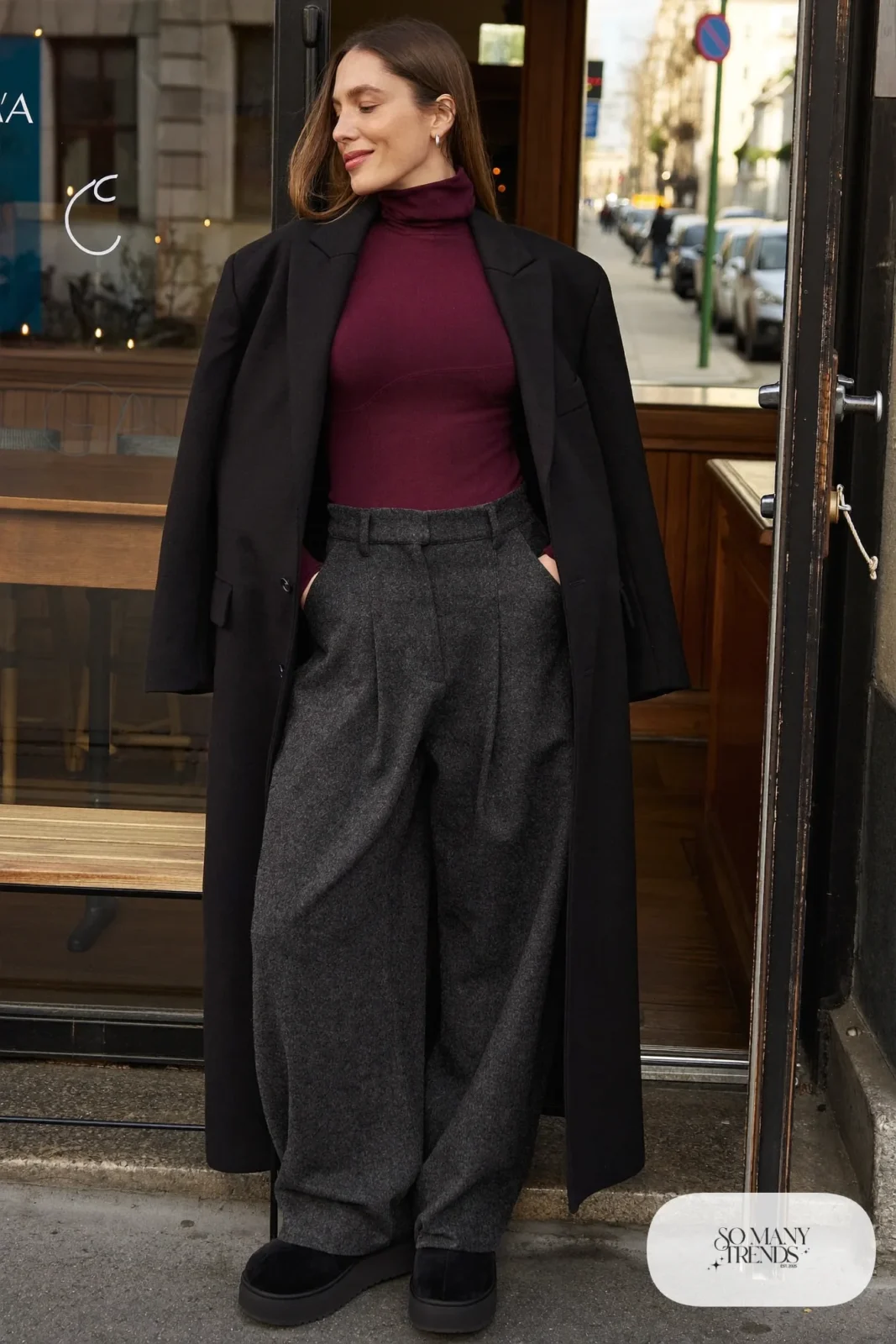 Wine turtleneck, charcoal tailored wool pants, black belt and black Ugg clogs, outfit 7