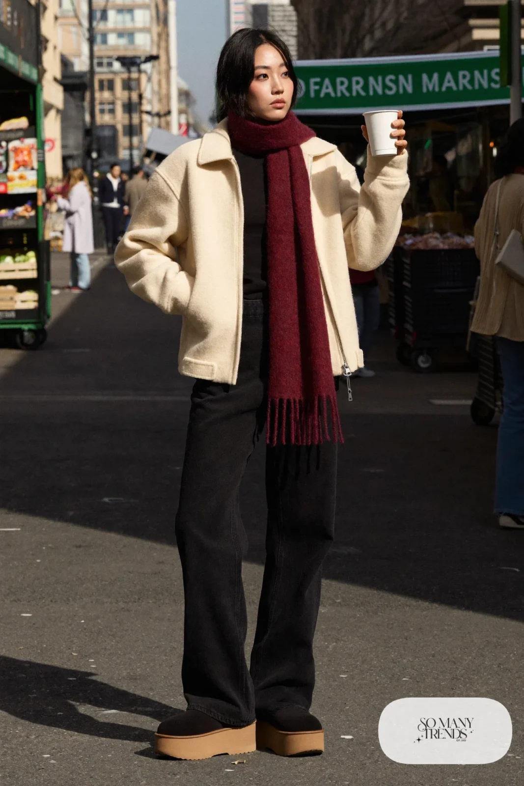 Cream fleece jacket, black wide-leg jeans, wine scarf and black Ugg clogs, outfit 10