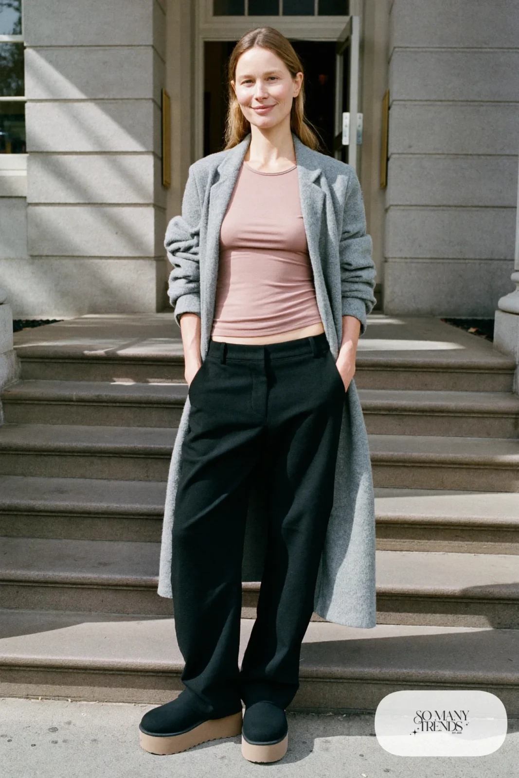 Long gray cardigan coat, blush tee, black wide-leg pants and black Ugg clogs, outfit 11