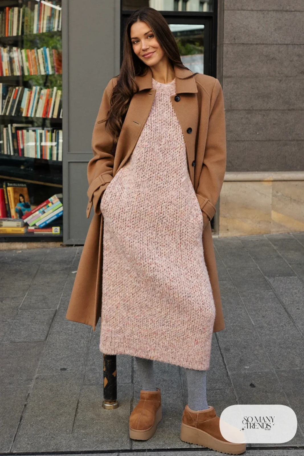 Blush knit midi dress, camel belted wool coat, gray opaque tights and chestnut Ugg clogs, outfit 14
