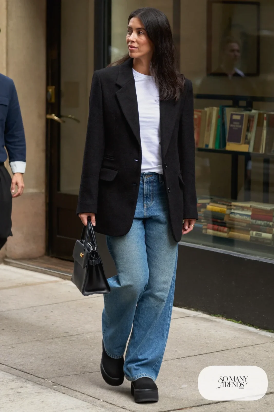 Black wool blazer, white tee, mid-wash wide-leg jeans and black Ugg clogs, outfit 20